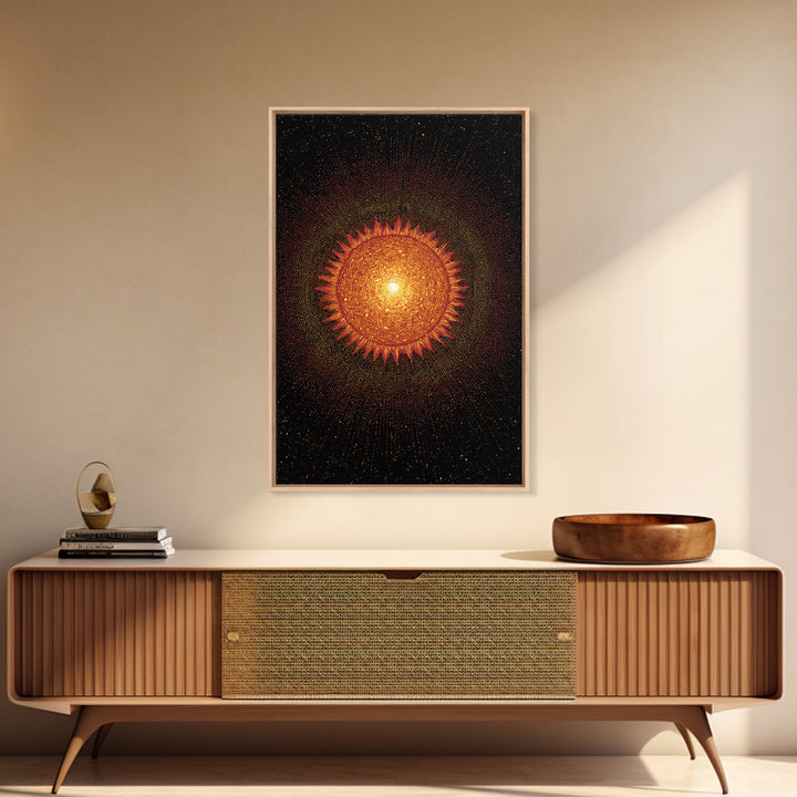 Fiery Abstract Sun Mandala On Black Wall Art, Cosmic Retro Poster, Mid Century Modern Decor, Orange Celestial Print Gift
