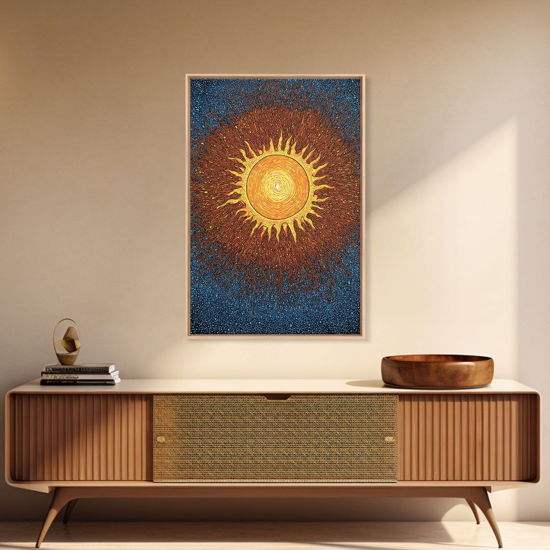 Radiant Orange Sunburst With Blue Texture Canvas Print, Cosmic Wall Art, Mid Century Modern Poster, Groovy Retro Decor Gift