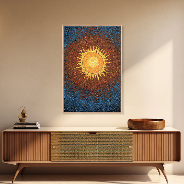 Radiant Orange Sunburst With Blue Texture Canvas Print, Cosmic Wall Art, Mid Century Modern Poster, Groovy Retro Decor Gift