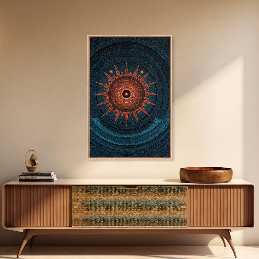 Mystic Solar Eclipse Compass Mandala Wall Art, Retro Sci Fi Poster, Modern Abstract Art Print, Teal Orange MCM Decor Gift
