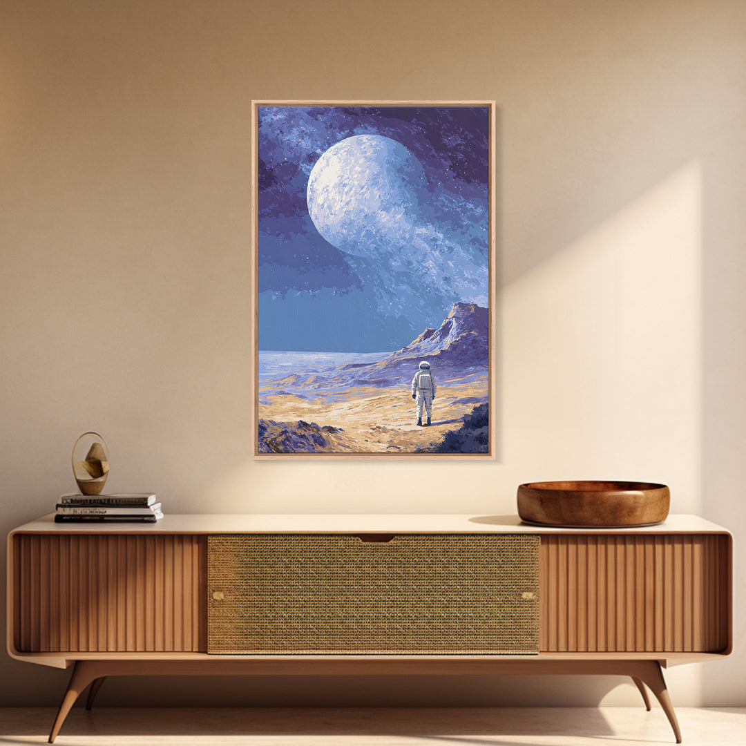 Lonely Astronaut On Icy Moon Wall Art, Retro Sci Fi Space Poster, Blue Planet Landscape, Modern MCM Room Decor Print Gift