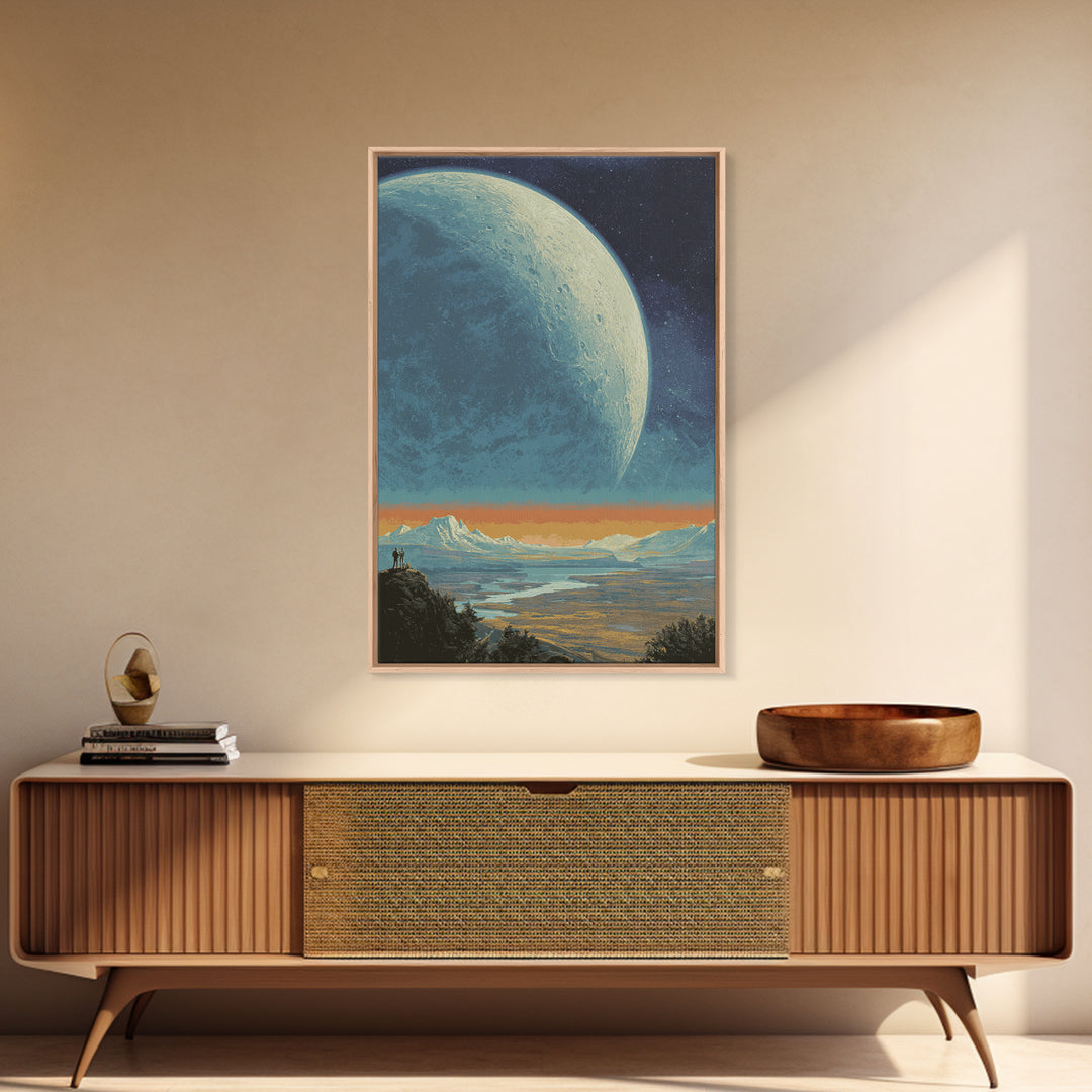 Vast Alien Planet Vista Wall Art, Retro Sci Fi Landscape Poster, Midcentury Modern Space Decor, Cosmic Explorer Print Artwork