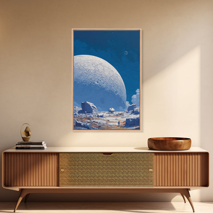 Blue Lunar Base With Astronaut Wall Art, Giant Moon Sci Fi Poster, Modern Space Landscape, Retro Futuristic Room Decor Print