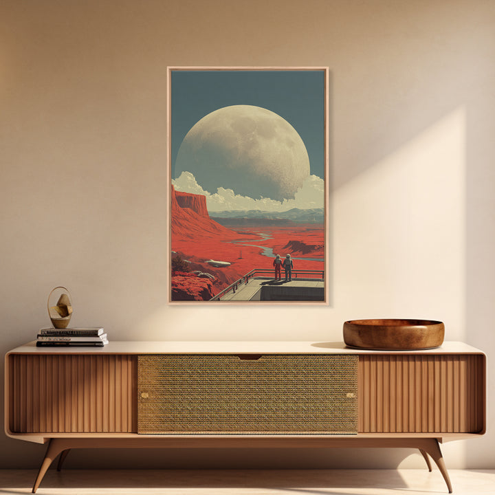 Red Mars Desert Astronauts Framed Canvas Print, Giant Moon Space Poster, Retro Sci Fi Landscape, Midcentury Modern Decor