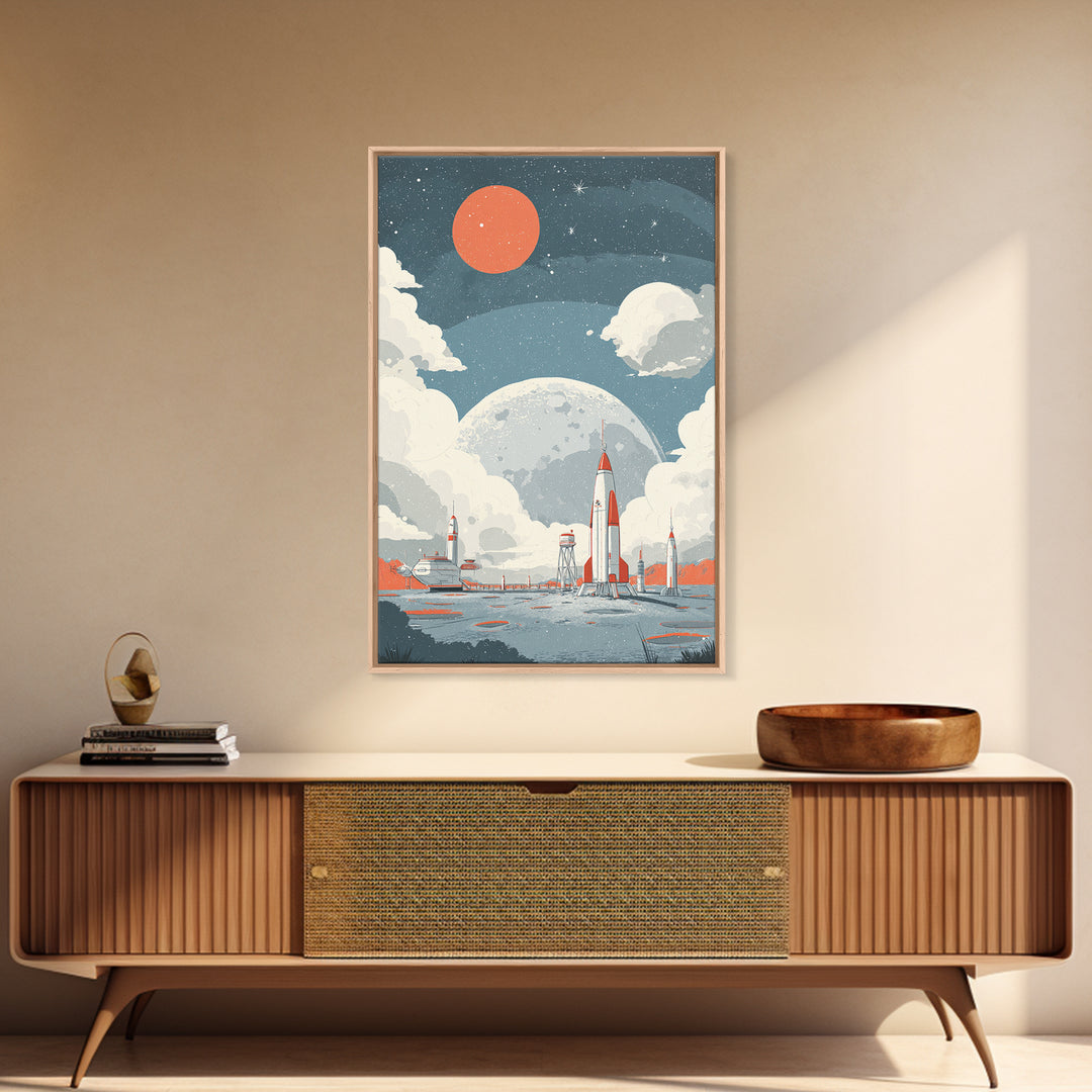Retro Rocket Spaceport In Clouds Canvas Print, Moon Colony Wall Art Poster, Midcentury Modern Sci Fi Nursery Room Decor Print
