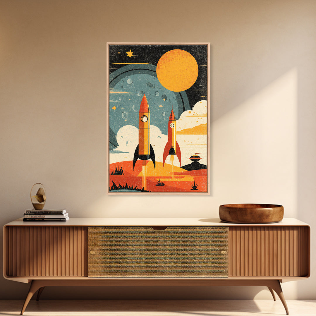Orange Atomic Rockets And Sun Wall Art, Retro Space Age Poster, Midcentury Modern Sci Fi Decor, Bold MCM Canvas Print Gift
