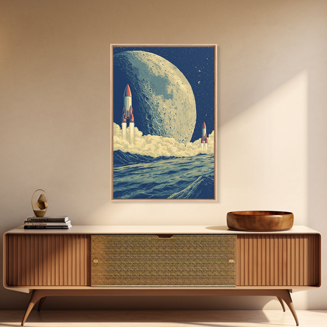 Rockets Launch From Lunar Waves Canvas Print, Giant Moon Sci Fi Poster, Retro Futuristic Wall Art, Space Age Room Decor Print