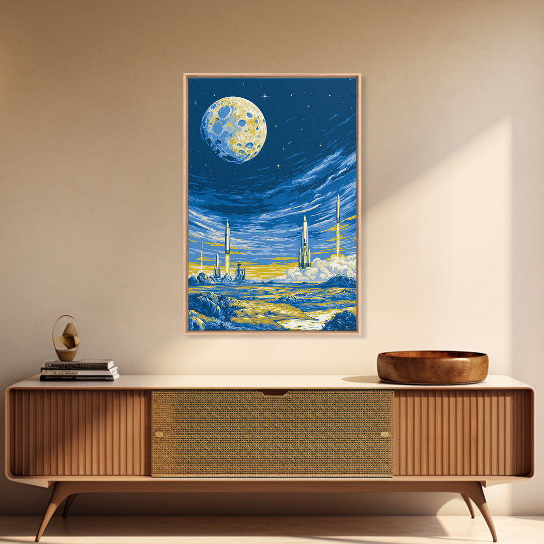 Blue Moon Rocket Colony Wall Art, Yellow Lunar Landscape Poster, Retro Sci Fi Space Decor, Midcentury Modern Room Print Gift