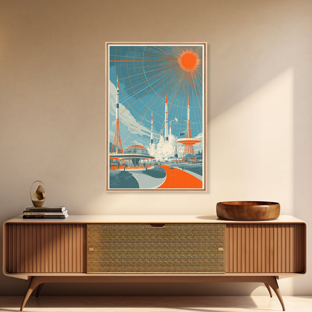 Retro Futuristic Rocket City Wall Art, Orange Sun Spaceport Poster, Midcentury Modern Sci Fi Decor, Atomic Ranch Print Gift