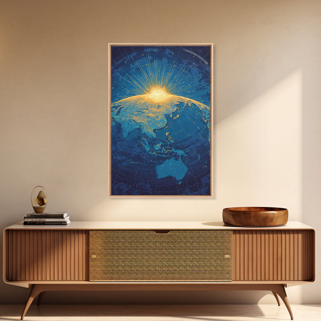 Golden Sunrise Over Earth Canvas Print, Midcentury Modern Map Art, Blue Space Poster, Retro Travel Office Wall Decor Gift