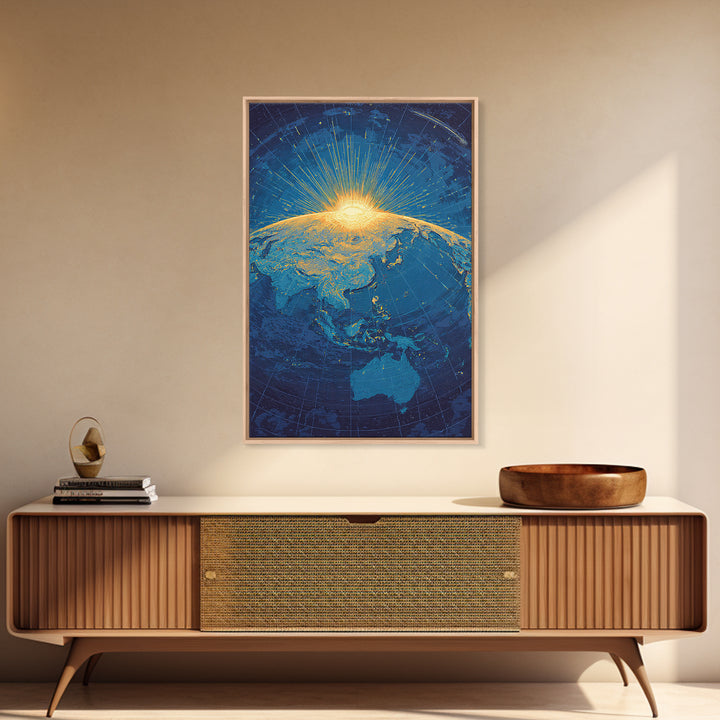 Golden Sunrise Over Earth Canvas Print, Midcentury Modern Map Art, Blue Space Poster, Retro Travel Office Wall Decor Gift