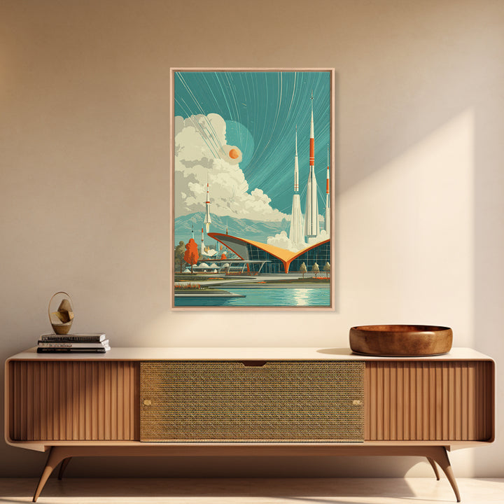 Retro Futuristic Rocket Spaceport With Teal Sky Wall Art, Mid Century Modern Sci Fi Poster, Atomic MCM Space Decor Print