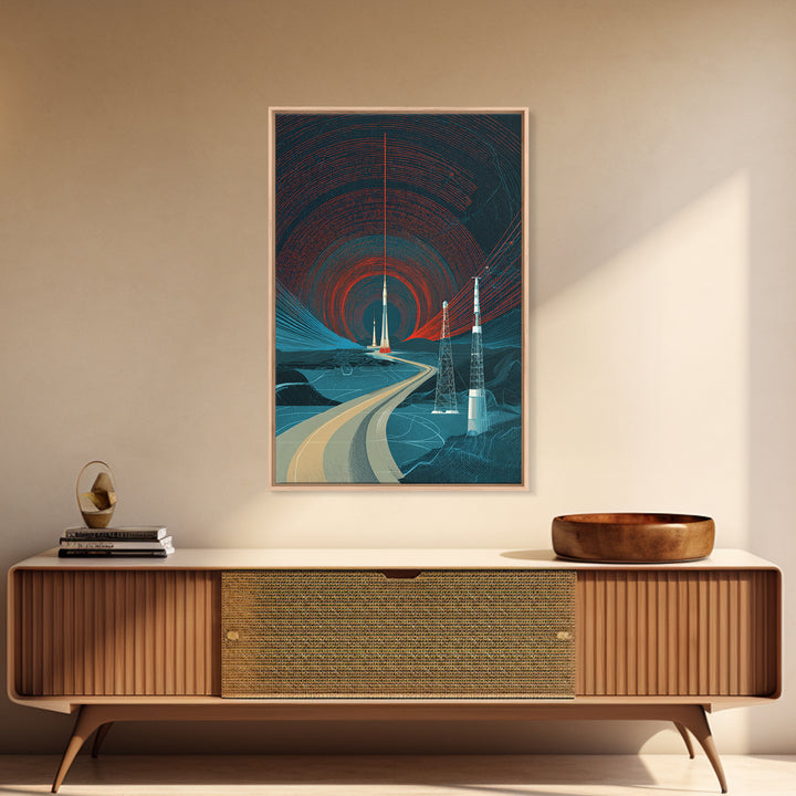 Desert Road To Rocket Launch Wall Art, Mid Century Modern Sci Fi Poster, Retro Space Travel Print, Atomic MCM Home Decor