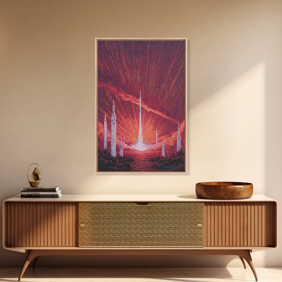 Fiery Red Rocket City At Sunrise Wall Art, Mid Century Modern Sci Fi Poster, Atomic Space Landscape, Retro MCM Decor Print