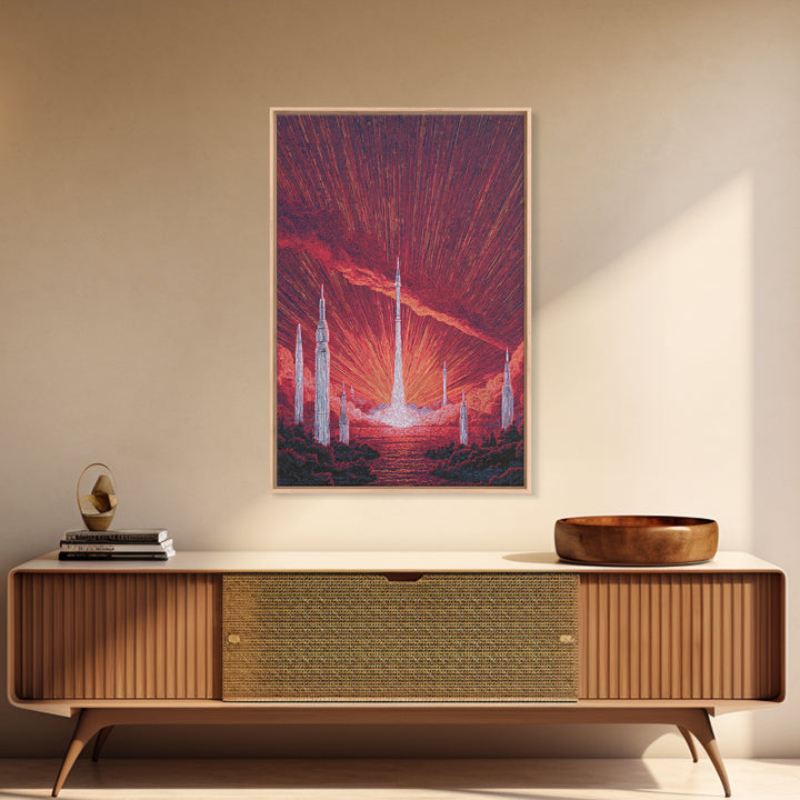 Fiery Red Rocket City At Sunrise Wall Art, Mid Century Modern Sci Fi Poster, Atomic Space Landscape, Retro MCM Decor Print