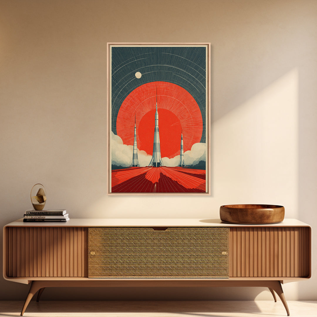 Giant Red Sun Rocket Launch Canvas Print, Mid Century Modern Sci Fi Poster, Atomic Space Art, Retro MCM Wall Decor Print