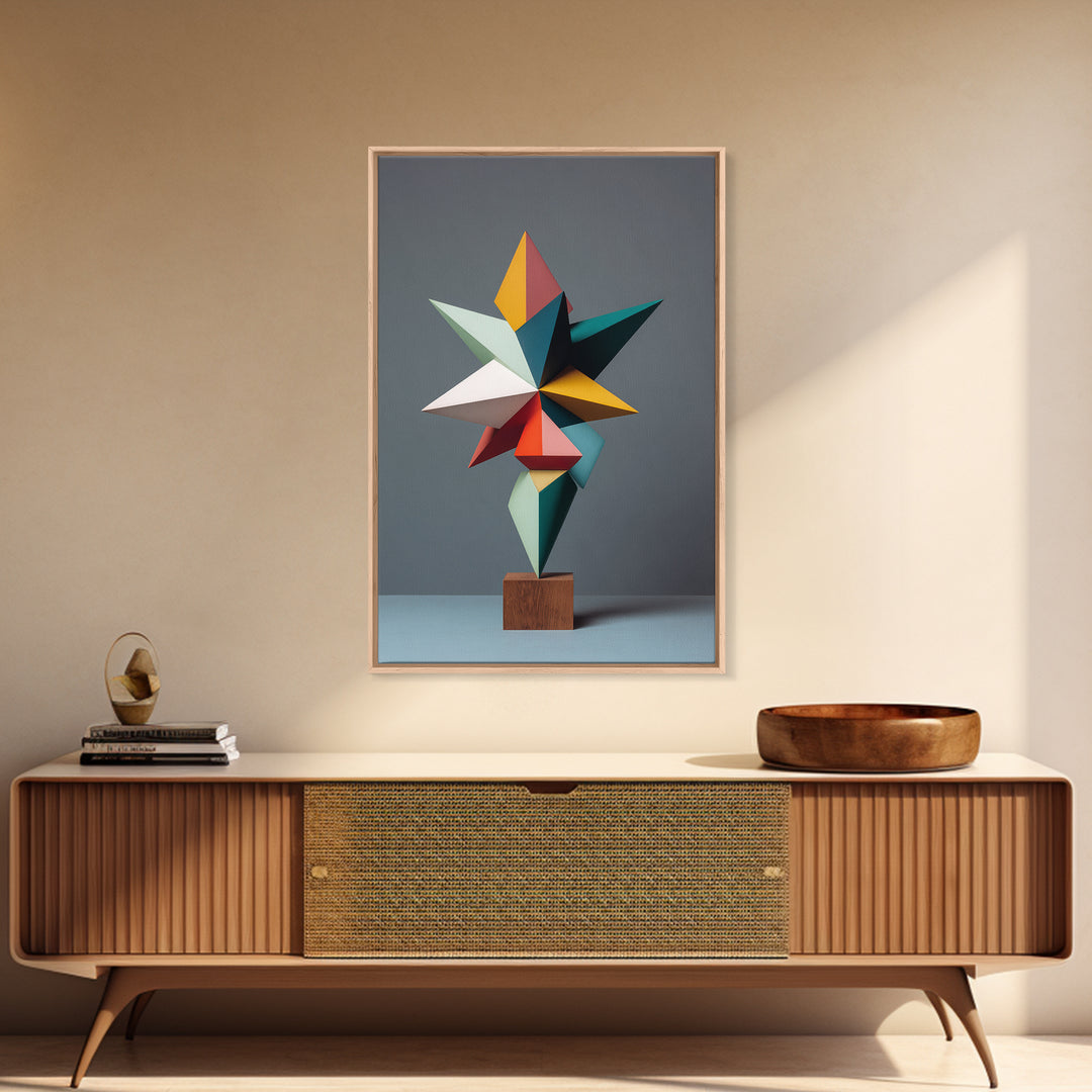 Colorful Geometric Modern Sculpture Framed Canvas Print, Mid Century Modern Abstract Art, MCM Office Decor Statement Gift