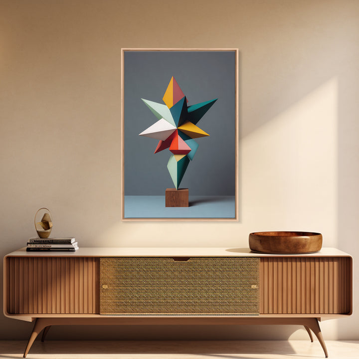 Colorful Geometric Modern Sculpture Framed Canvas Print, Mid Century Modern Abstract Art, MCM Office Decor Statement Gift