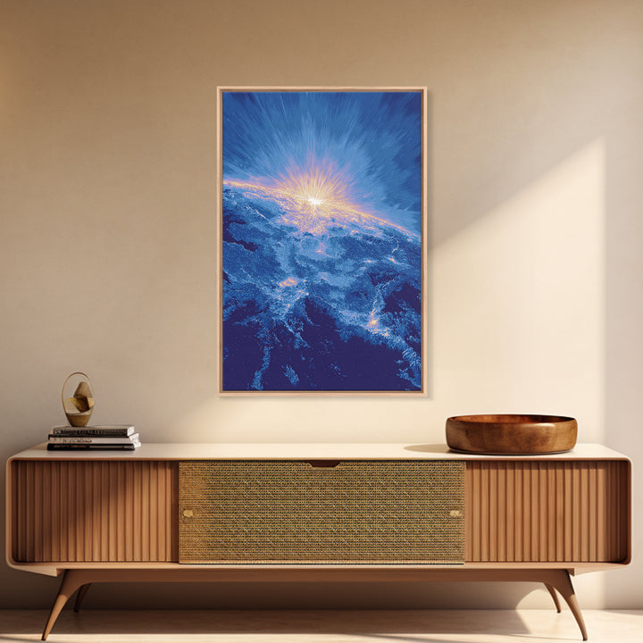 Blue Cosmic Earth Sunrise Framed Canvas Print, Modern Abstract Space Art, Midcentury Poster, Galaxy Home Office Decor Gift