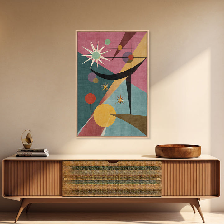 Pink Teal Atomic Starburst Abstract Wall Art, Mid Century Modern Poster, Retro Geometric MCM Living Room Decor Print Gift