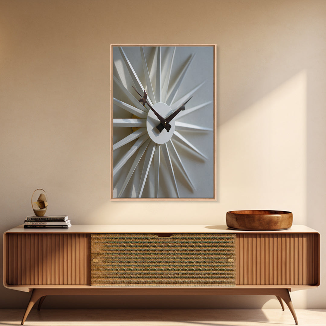 Minimal White Sunburst Clock Framed Canvas Print, Mid Century Modern Decor, Geometric Wall Art, Scandinavian Modern, MCM Artwork