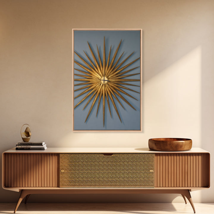 Gold Atomic Sunburst Clock On Blue Wall Art, Mid Century Modern Decor, MCM Wall Art, Retro Wall Decor, Modern Home Art Print