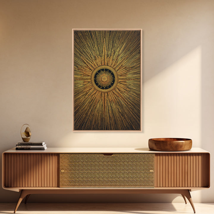 Ornate Gold Sunburst Clock Canvas Print, Midcentury Modern Art, Geometric Art Deco, Atomic Retro Wall Art, Statement Wall Decor