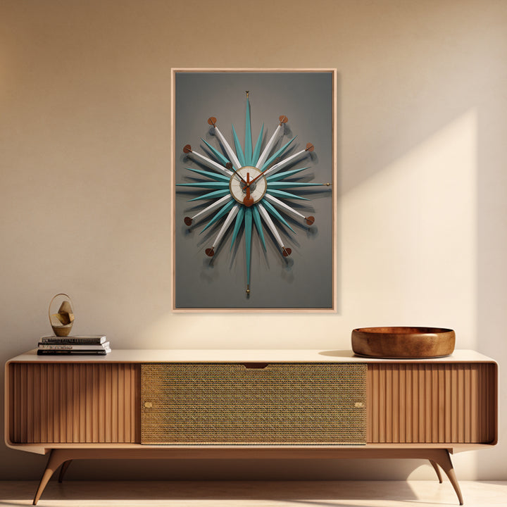 Teal White Atomic Starburst Clock Wall Art, Mid Century Modern Decor, Retro Wall Decor, Geometric Art Print, MCM Home Decor