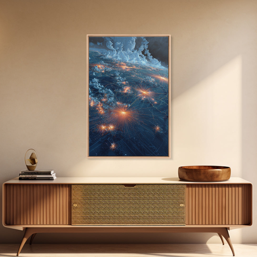 Stormy Earth Lights From Orbit Wall Art, Modern Abstract Space Print, Sci Fi City Map Poster, Blue Office Living Room Decor Gift