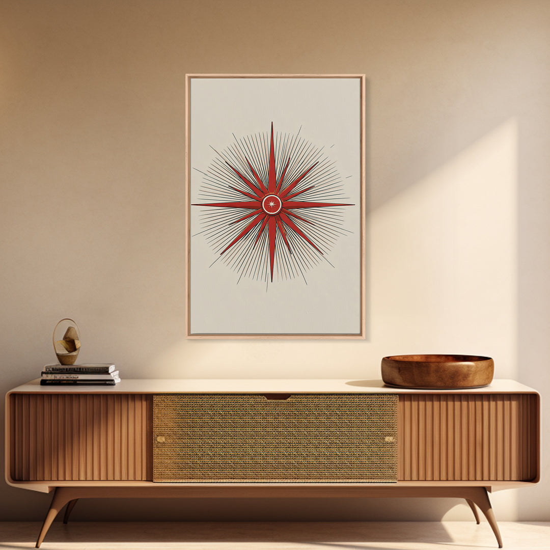 Red Compass Starburst Abstract Canvas Print, Mid Century Modern Art, Atomic Retro Poster, Geometric Wall Art, Minimalist Decor