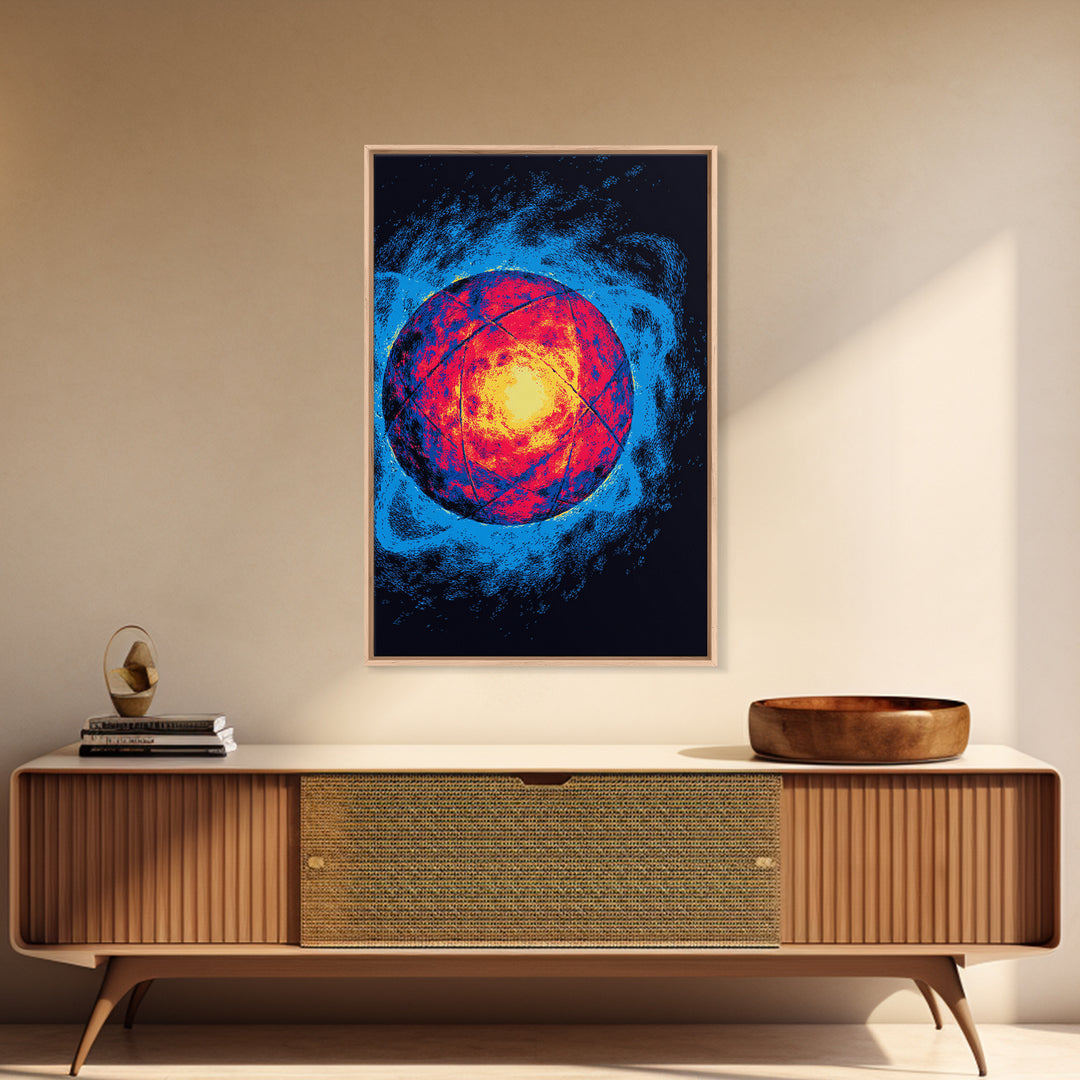 Glowing Quantum Sphere Wall Art, Modern Abstract Art Print, Atomic Retro Poster, Blue Orange Sci Fi Decor For Home Office