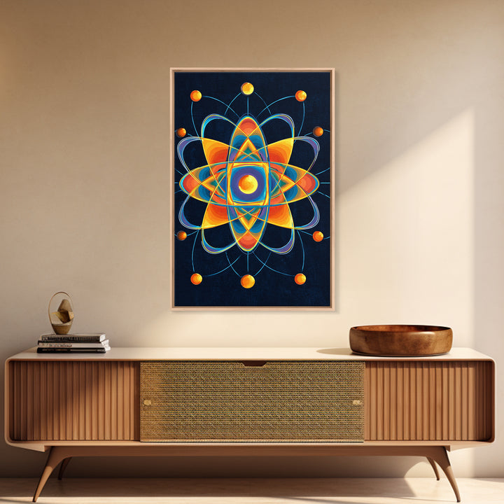 Colorful Atomic Mandala Framed Canvas Print, Midcentury Modern Wall Art, Geometric Sci Fi Poster, Retro Office Decor Gift
