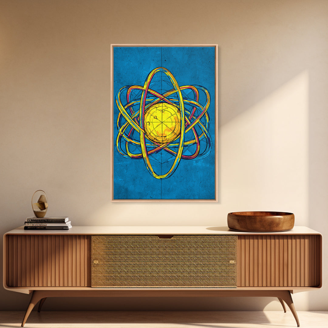 Electric Blue Atom Framed Canvas Print, Midcentury Modern Wall Art, Retro Science Poster, Yellow Orb Decor For Home Office