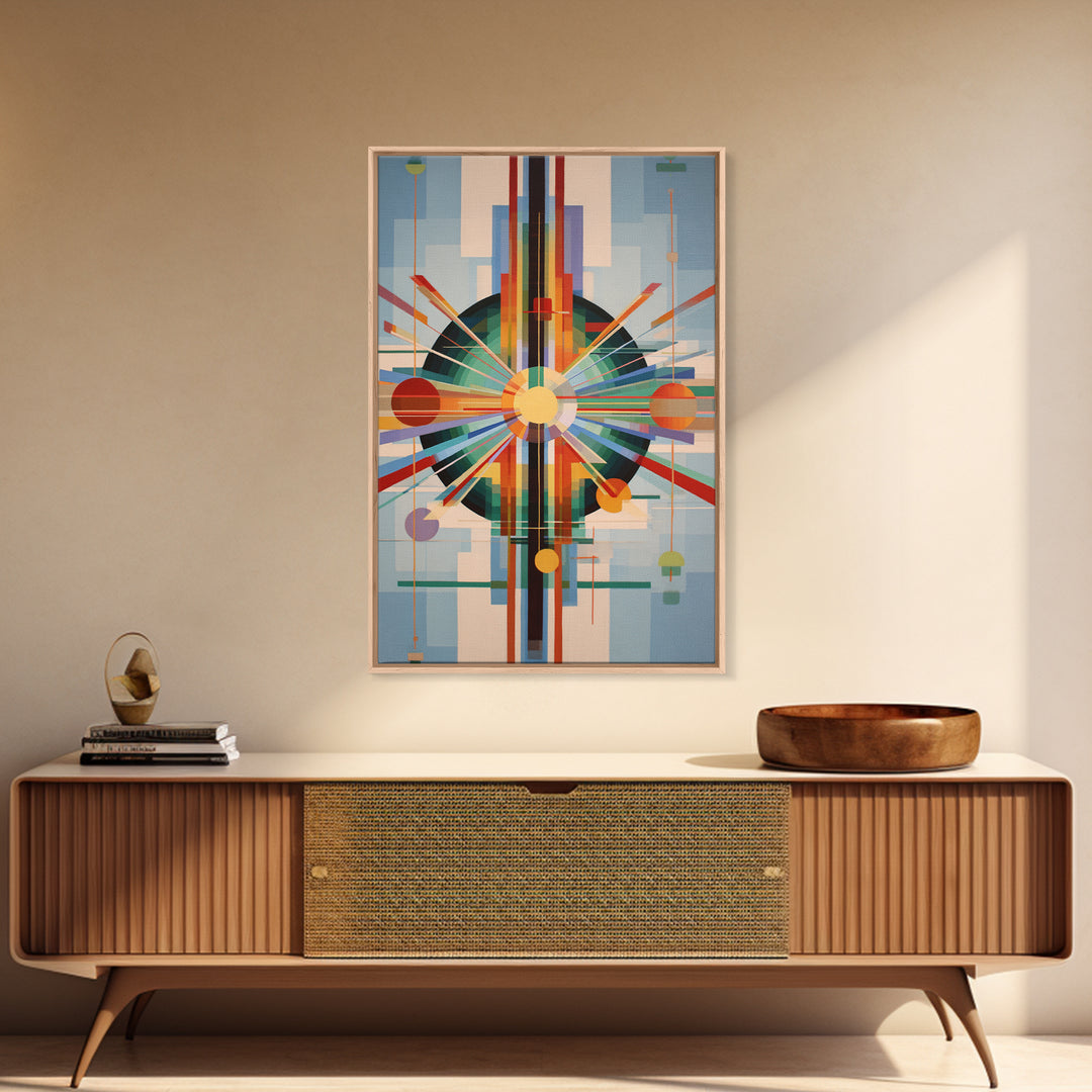 Geometric Atomic Sunburst Canvas Print, Midcentury Modern Wall Art, Bauhaus Abstract Poster, Colorful Retro Home Decor Gift