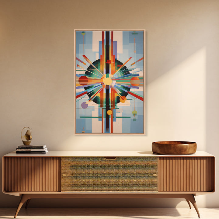 Geometric Atomic Sunburst Canvas Print, Midcentury Modern Wall Art, Bauhaus Abstract Poster, Colorful Retro Home Decor Gift
