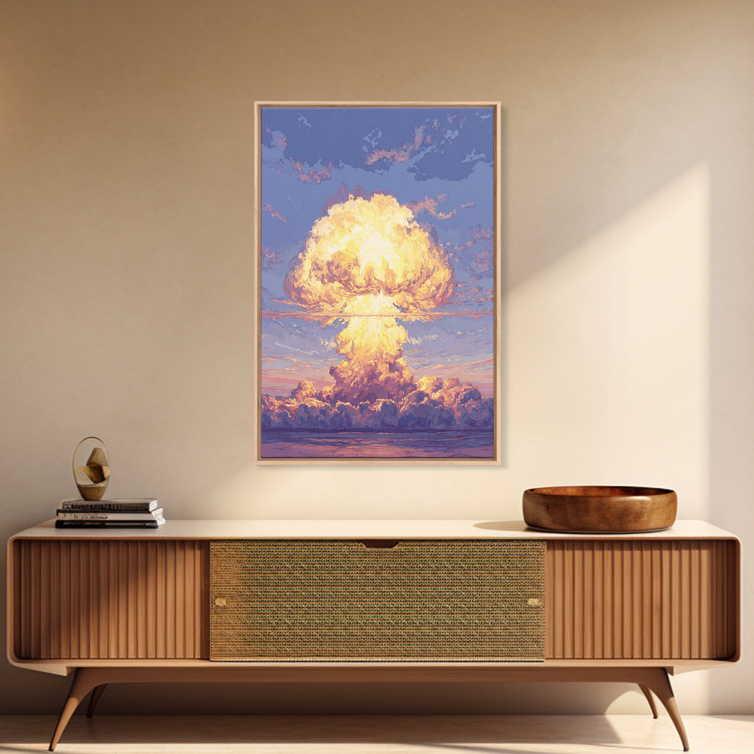 Glowing Nuclear Mushroom Cloud Over Ocean Wall Art, Retro Sci Fi Poster, Atomic Sunset Print, Dramatic Modern Wall Decor