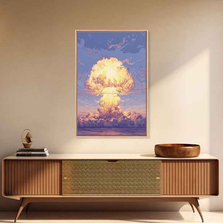 Glowing Nuclear Mushroom Cloud Over Ocean Wall Art, Retro Sci Fi Poster, Atomic Sunset Print, Dramatic Modern Wall Decor
