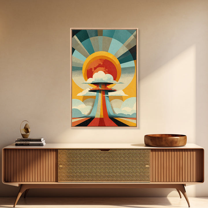 Retro Sunburst UFO Cloud Tower Canvas Print, Atomic Midcentury Modern Wall Art, Space Age Poster, Bold Geometric Decor Print