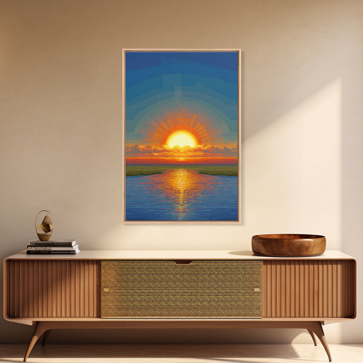 Golden Sunrise Over Calm Water Wall Art, Pixel Style Midcentury Poster, Modern Abstract Landscape, Living Room Decor Print