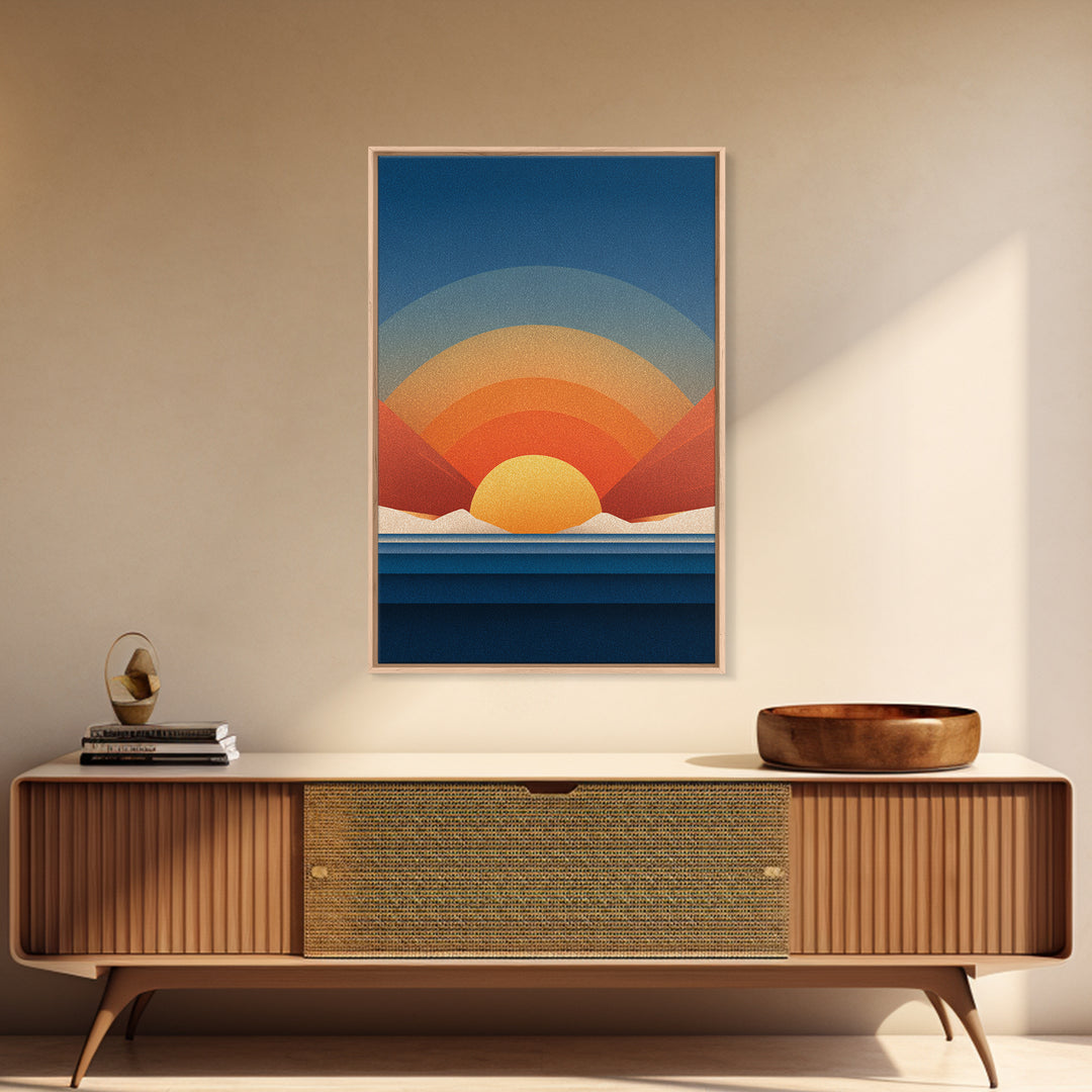 Geometric Desert Sunrise With Red Mountains Framed Canvas Print, Midcentury Modern Wall Art, Orange Blue Abstract Decor Poster