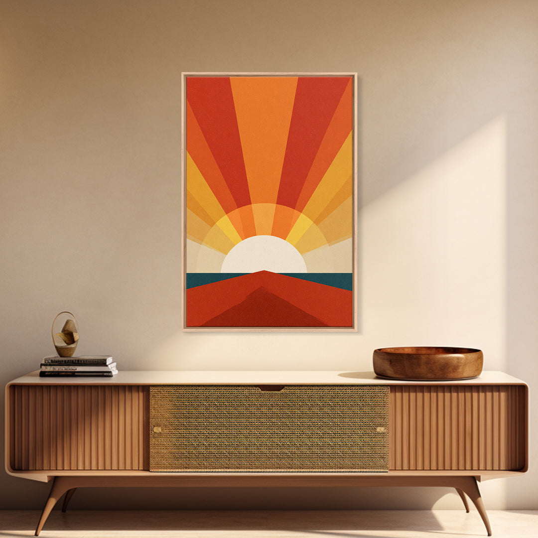 Bold Retro Sunrise Rays Over Ocean Road Canvas Print, 70s Wall Art Poster, Midcentury Modern Decor, Orange Sun Print Gift