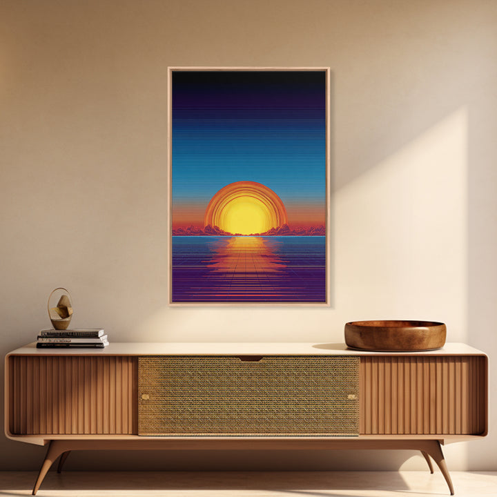 Neon Retro Sunset Over Ocean Grid Wall Art, Synthwave 80s Poster, Vaporwave Decor, Modern Digital Art, Blue Orange Print