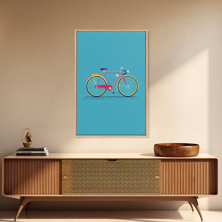 Colorful Pink Bicycle On Teal Canvas Print, Mid Century Modern Art, Retro Cycling Poster, Dopamine Decor, Kids Room Art Gift