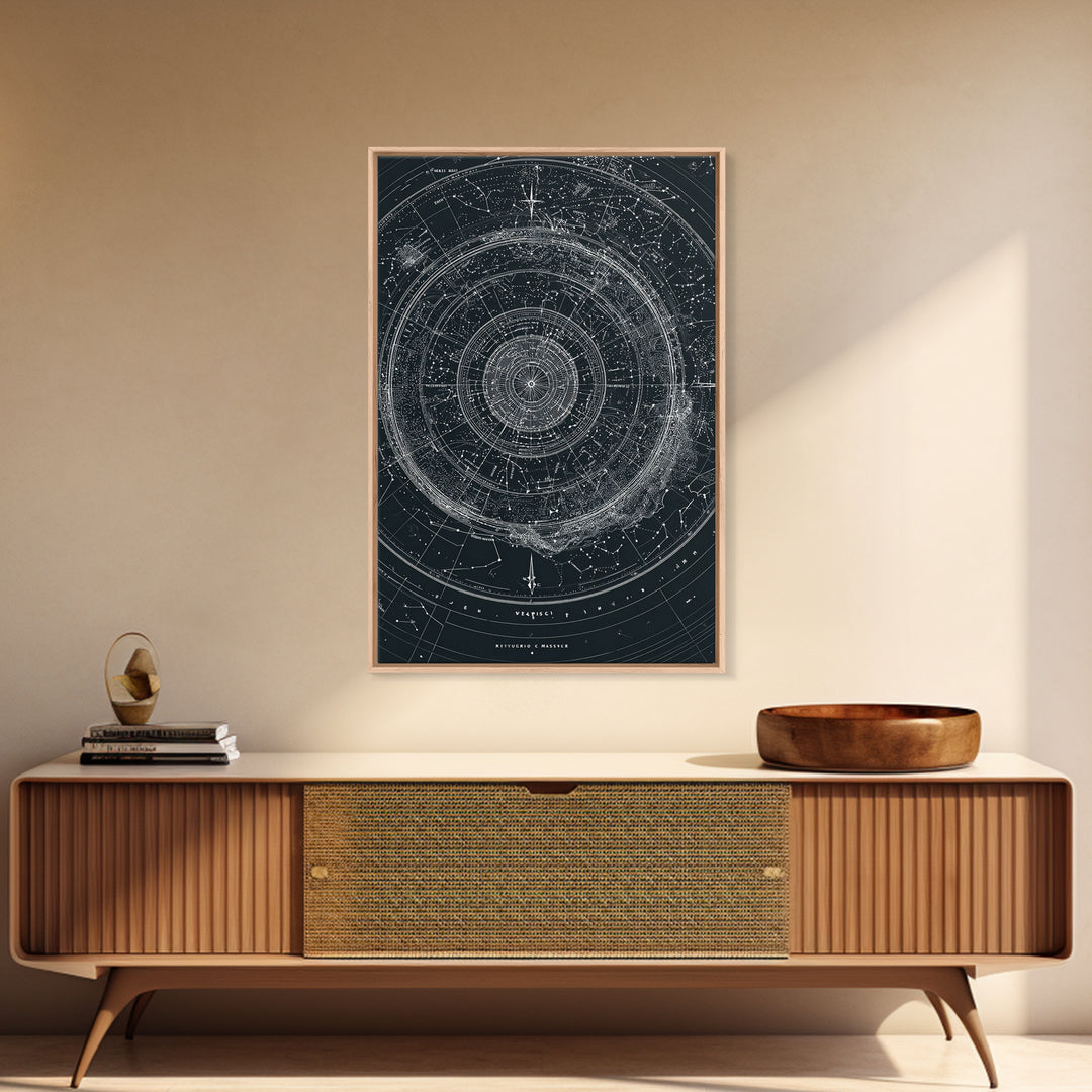 Circular Zodiac Sky Map Wall Art, Black White Astronomy Poster, Geometric Celestial Chart, Modern Art Print, Office Decor