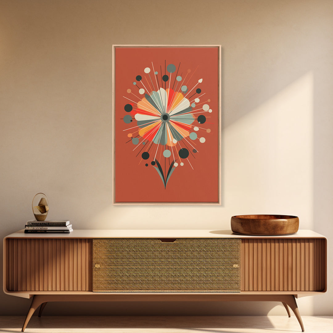 Rust Orange Atomic Flower Wall Art, Midcentury Modern Canvas Print, Geometric Retro Poster, MCM Living Room Decor Gift Idea