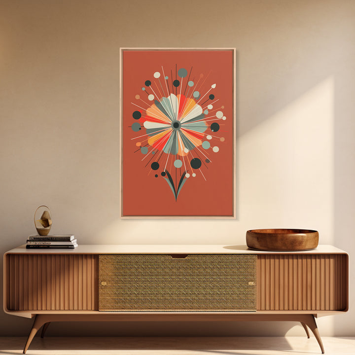 Rust Orange Atomic Flower Wall Art, Midcentury Modern Canvas Print, Geometric Retro Poster, MCM Living Room Decor Gift Idea