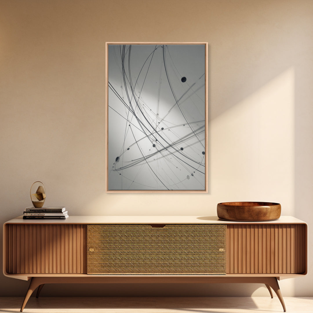 Gray Network Line Framed Canvas Print, Modern Abstract Art, Minimalist Wall Decor, Kinetic Sculpture Inspired Office Art