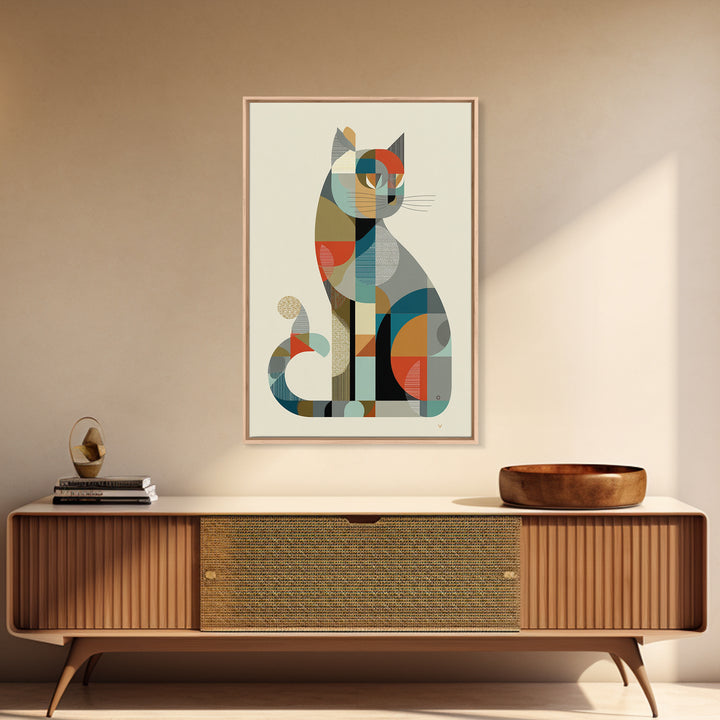 Minimalist Geometric Cat Framed Canvas Print, Midcentury Modern Animal Art, Bauhaus Poster, Neutral Scandinavian Decor Gift