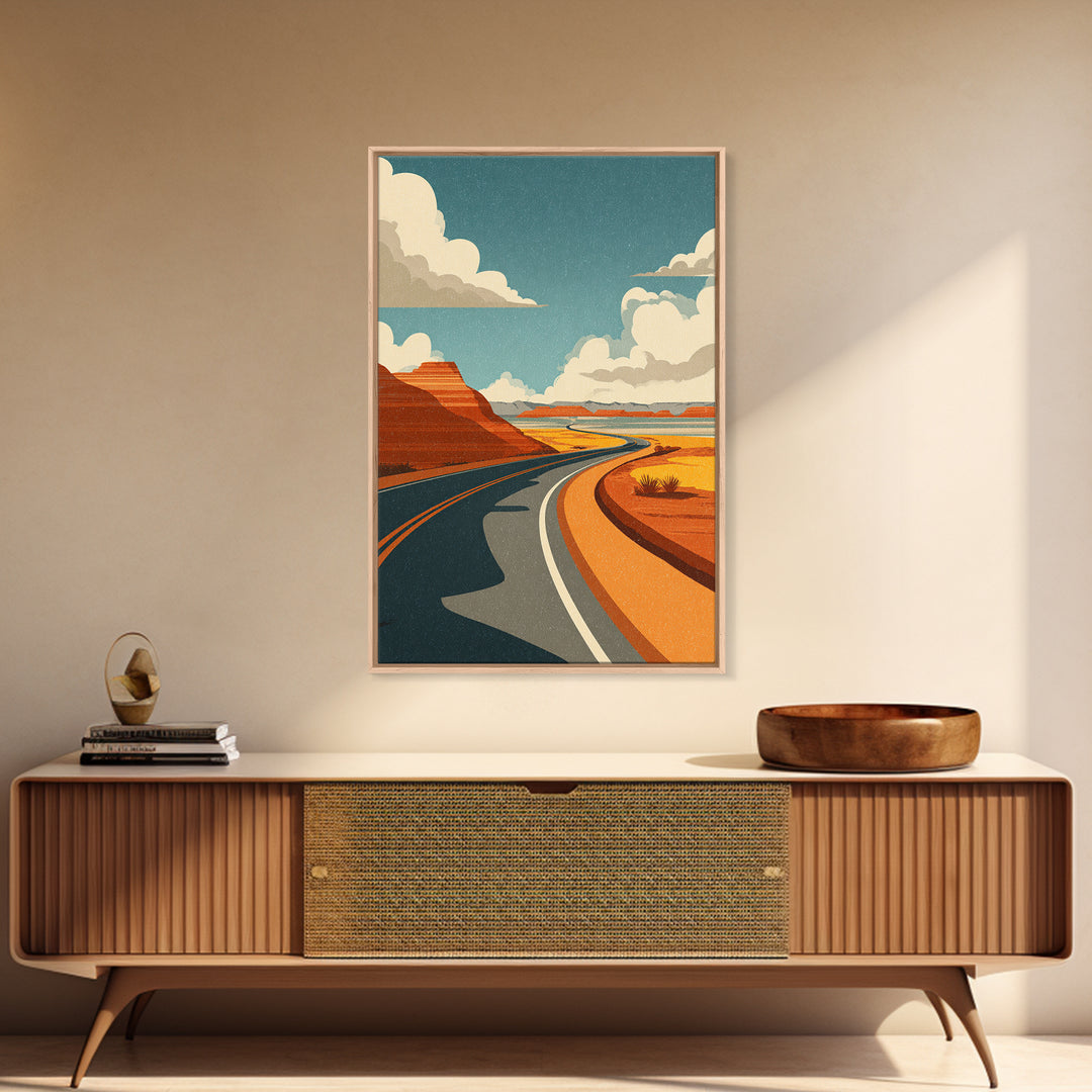 Winding Desert Highway With Red Mesas Wall Art, Mid Century Modern Travel Poster, Retro Southwest Road Trip Decor Print Gift