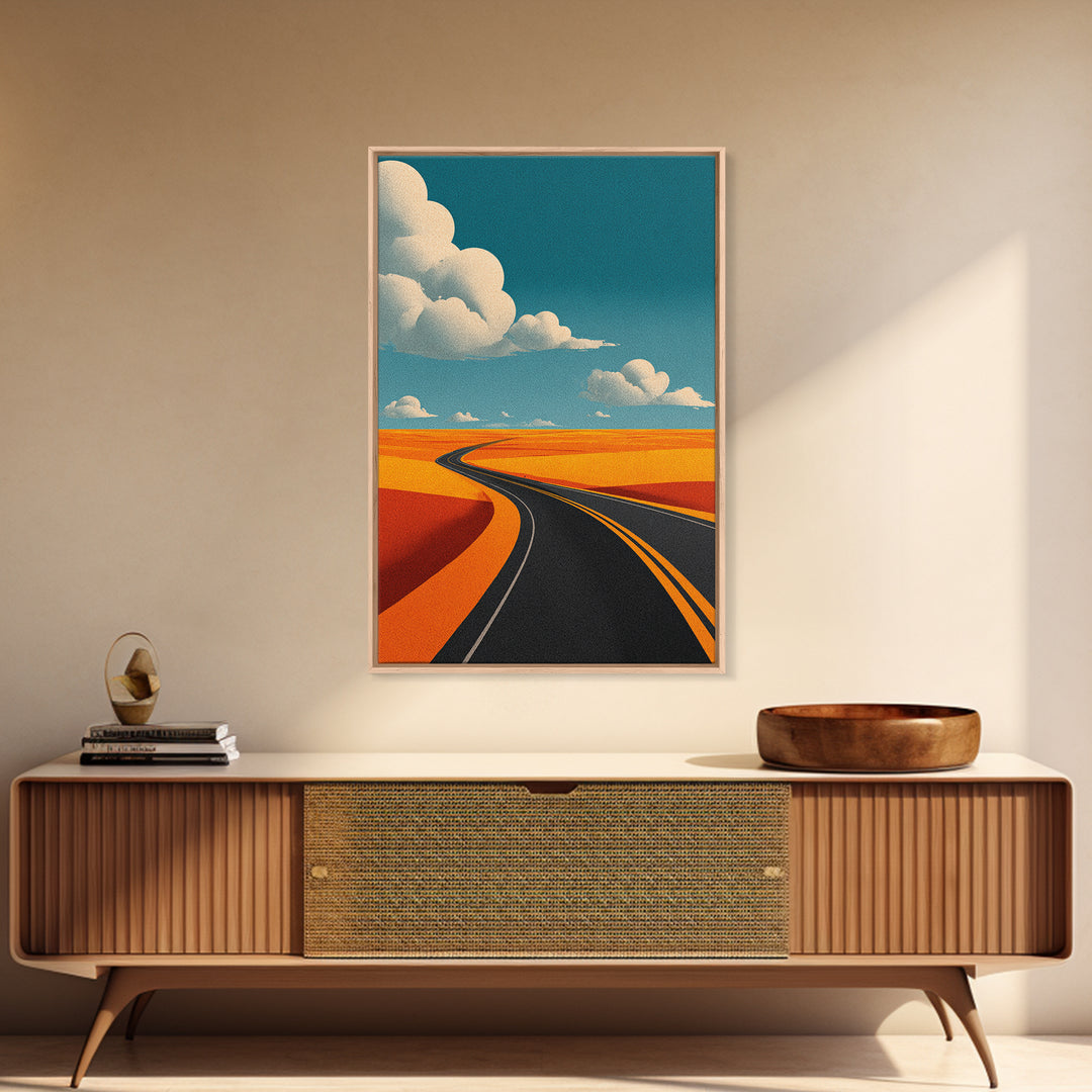 Curving Blacktop Across Orange Desert Canvas Print, Mid Century Modern Wall Art, Retro Road Trip Landscape Poster Home Decor